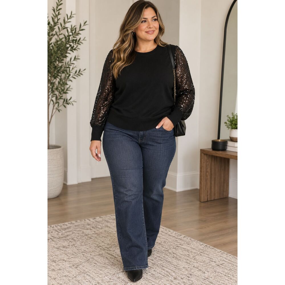 Zac & Rachel Black Sequin Sheer Sleeve Sweater Women's 1X Plus Size